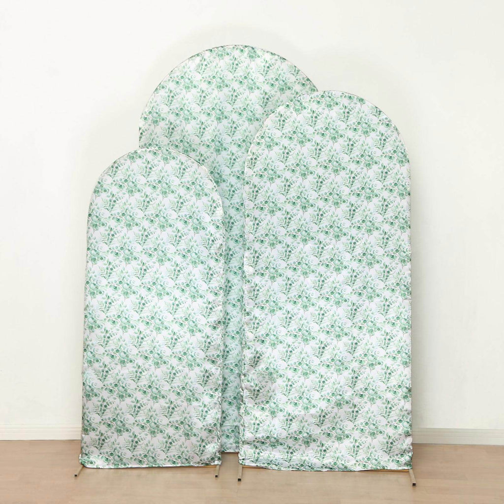 Set of 3 White Green Satin Chiara Wedding Arch Covers With Eucalyptus Leaves Print, Fitted Covers For Round Top Backdrop Stands - 5ft,6ft,7ft - Bell Racket Store