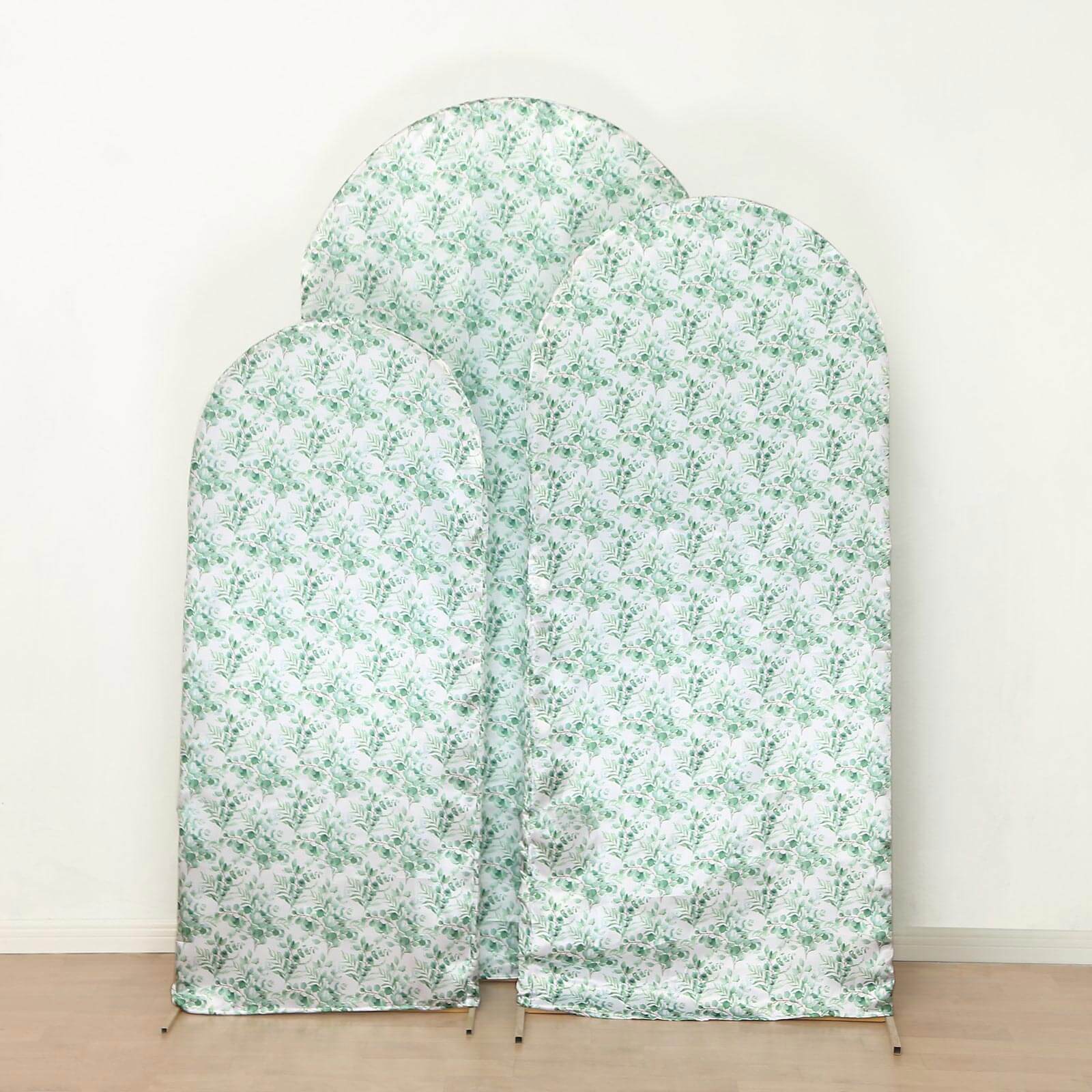 Set of 3 White Green Satin Chiara Wedding Arch Covers With Eucalyptus Leaves Print, Fitted Covers For Round Top Backdrop Stands - 5ft,6ft,7ft - Bell Racket Store