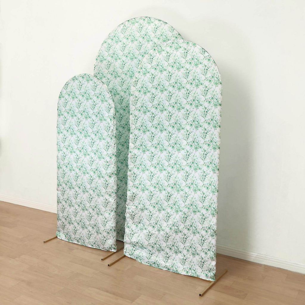Set of 3 White Green Satin Chiara Wedding Arch Covers With Eucalyptus Leaves Print, Fitted Covers For Round Top Backdrop Stands - 5ft,6ft,7ft - Bell Racket Store