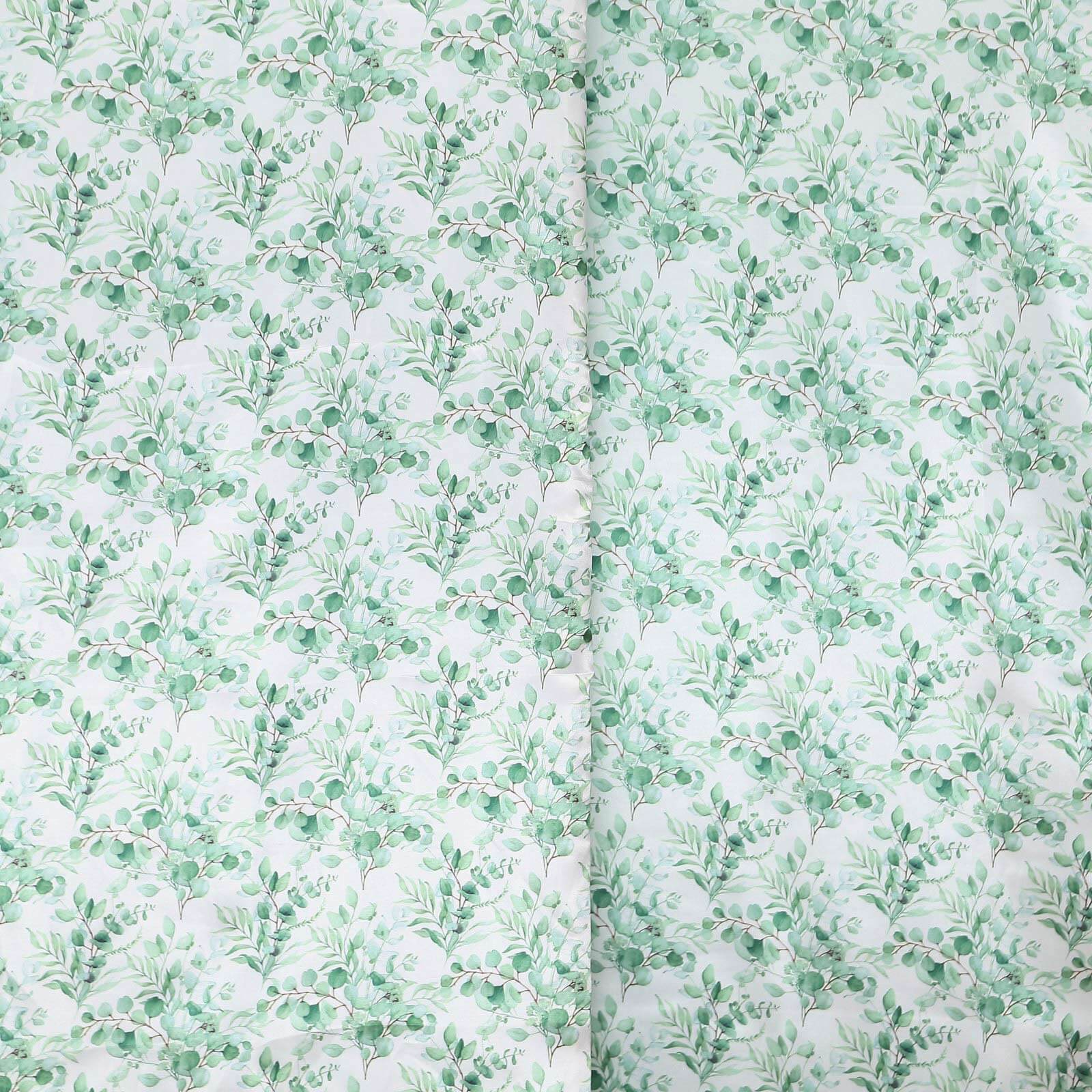 Set of 3 White Green Satin Chiara Wedding Arch Covers With Eucalyptus Leaves Print, Fitted Covers For Round Top Backdrop Stands - 5ft,6ft,7ft - Bell Racket Store