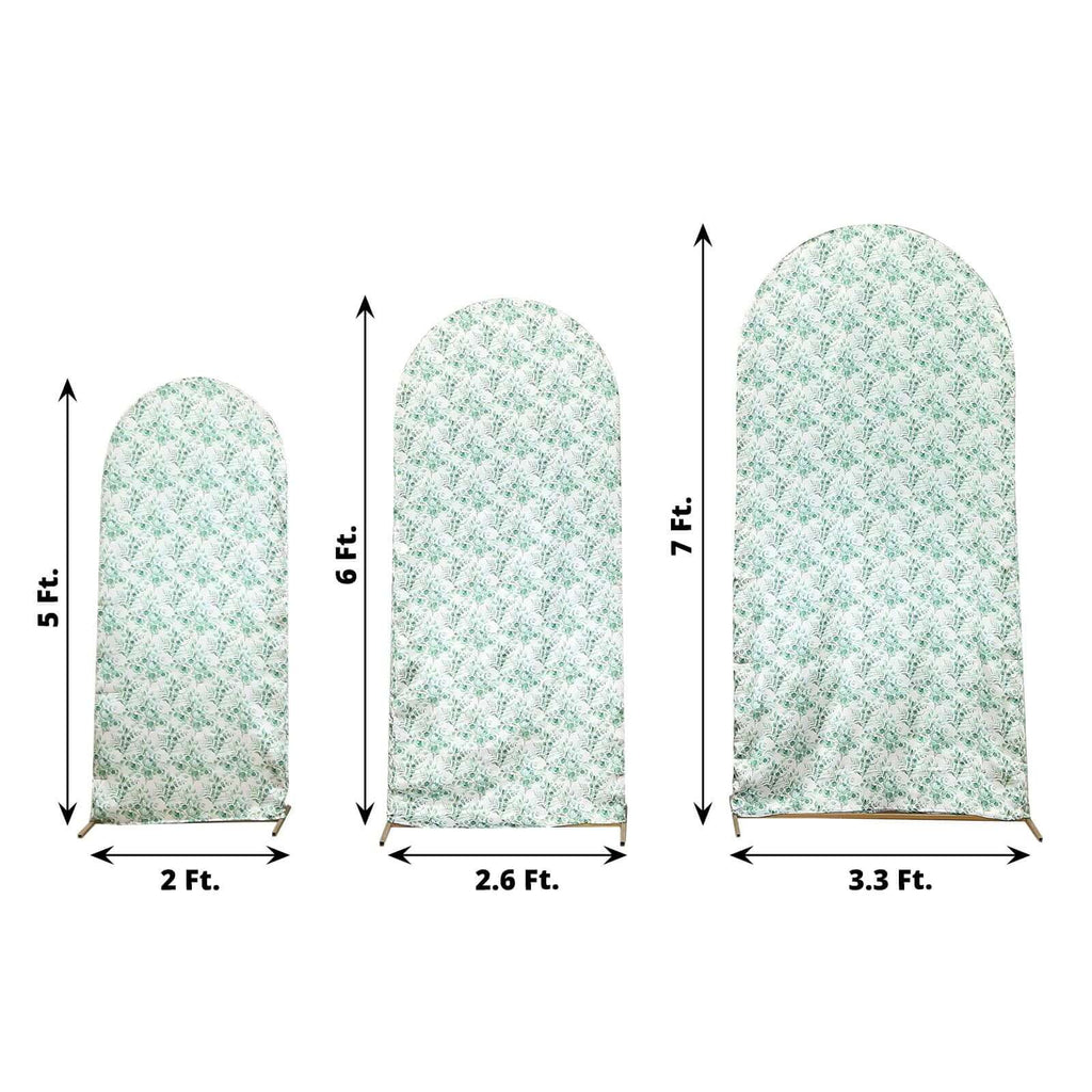 Set of 3 White Green Satin Chiara Wedding Arch Covers With Eucalyptus Leaves Print, Fitted Covers For Round Top Backdrop Stands - 5ft,6ft,7ft - Bell Racket Store