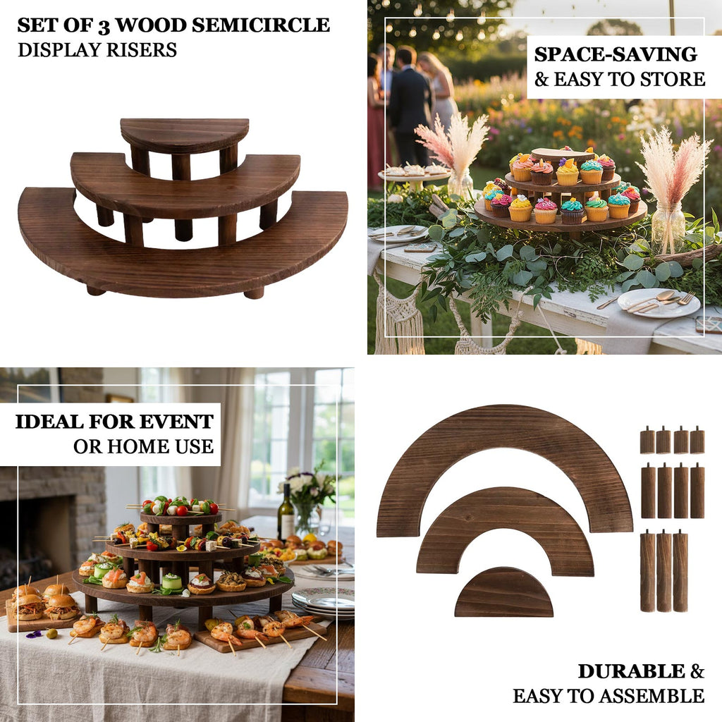 Set of 3 Wooden Dessert Pedestals Rustic Brown 3 - Tier Semicircle Design - Half Moon Cupcake Display Risers 7", 13", 18" - Bell Racket Store