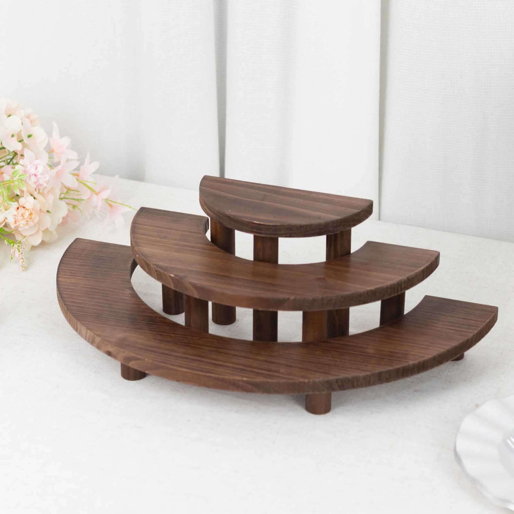 Set of 3 Wooden Dessert Pedestals Rustic Brown 3 - Tier Semicircle Design - Half Moon Cupcake Display Risers 7", 13", 18" - Bell Racket Store