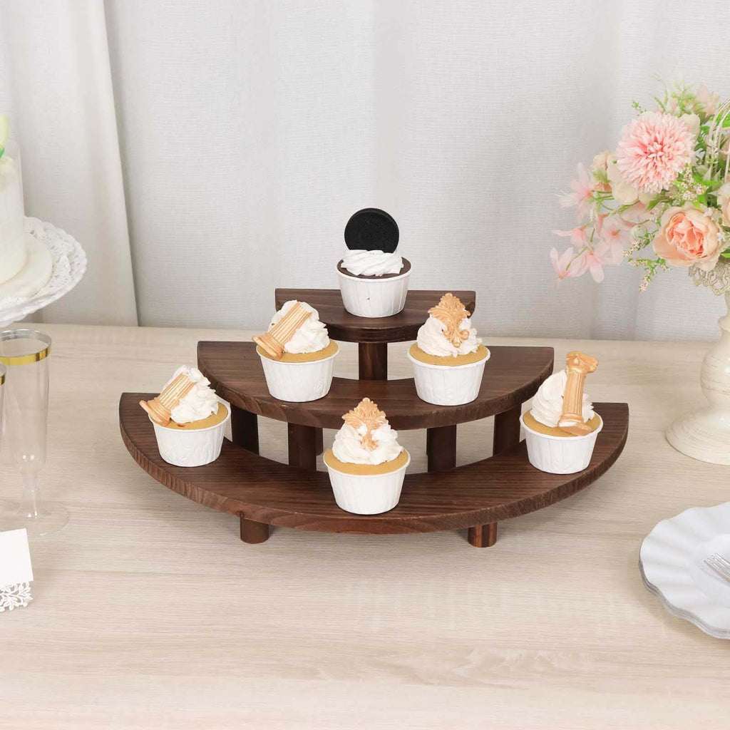 Set of 3 Wooden Dessert Pedestals Rustic Brown 3 - Tier Semicircle Design - Half Moon Cupcake Display Risers 7", 13", 18" - Bell Racket Store