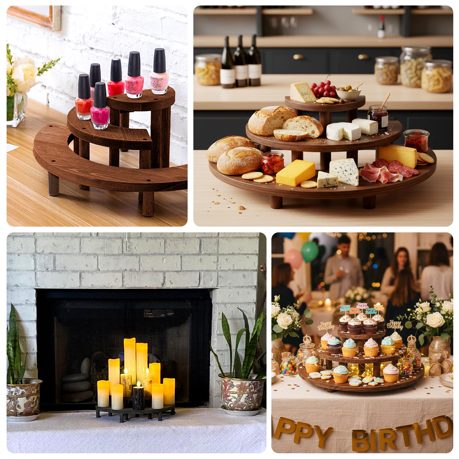 Set of 3 Wooden Dessert Pedestals Rustic Brown 3 - Tier Semicircle Design - Half Moon Cupcake Display Risers 7", 13", 18" - Bell Racket Store