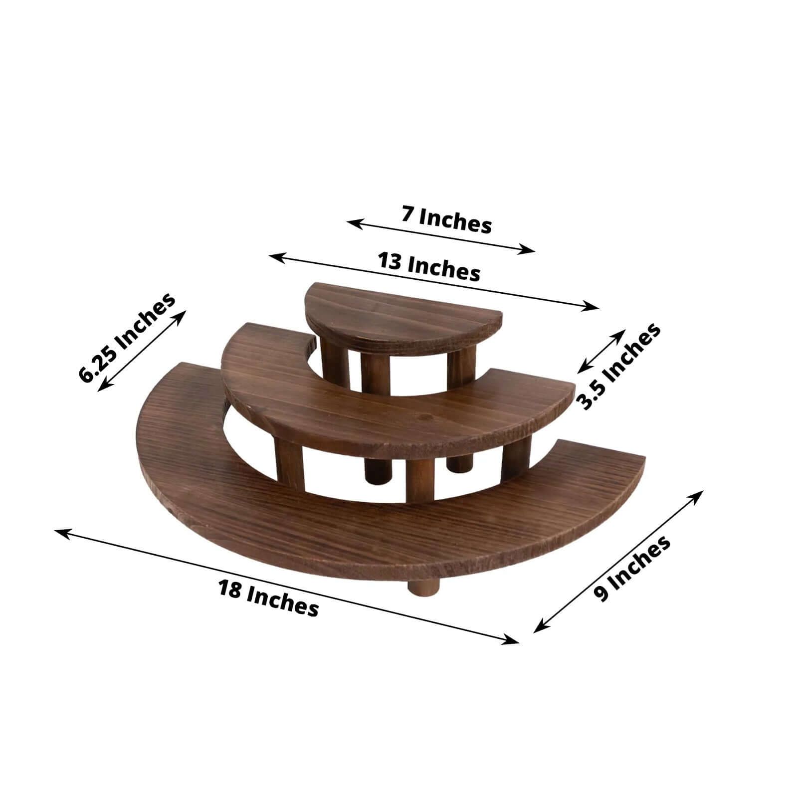 Set of 3 Wooden Dessert Pedestals Rustic Brown 3 - Tier Semicircle Design - Half Moon Cupcake Display Risers 7", 13", 18" - Bell Racket Store