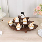 Set of 3 Wooden Dessert Pedestals Rustic Brown 3 - Tier Semicircle Design - Half Moon Cupcake Display Risers 7", 13", 18" - Bell Racket Store