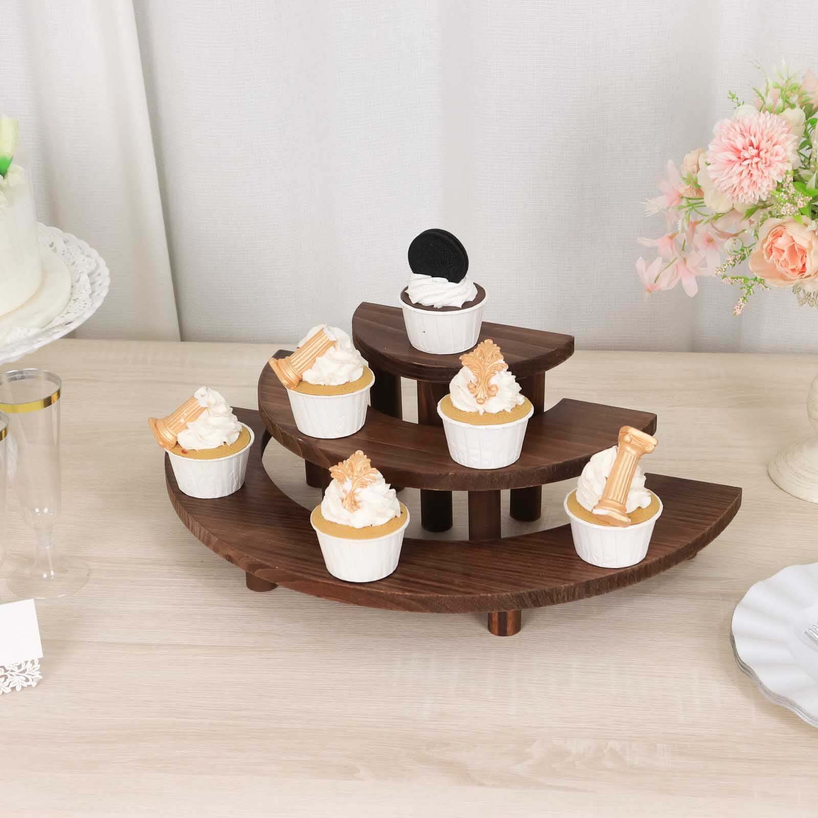 Set of 3 Wooden Dessert Pedestals Rustic Brown 3 - Tier Semicircle Design - Half Moon Cupcake Display Risers 7", 13", 18" - Bell Racket Store