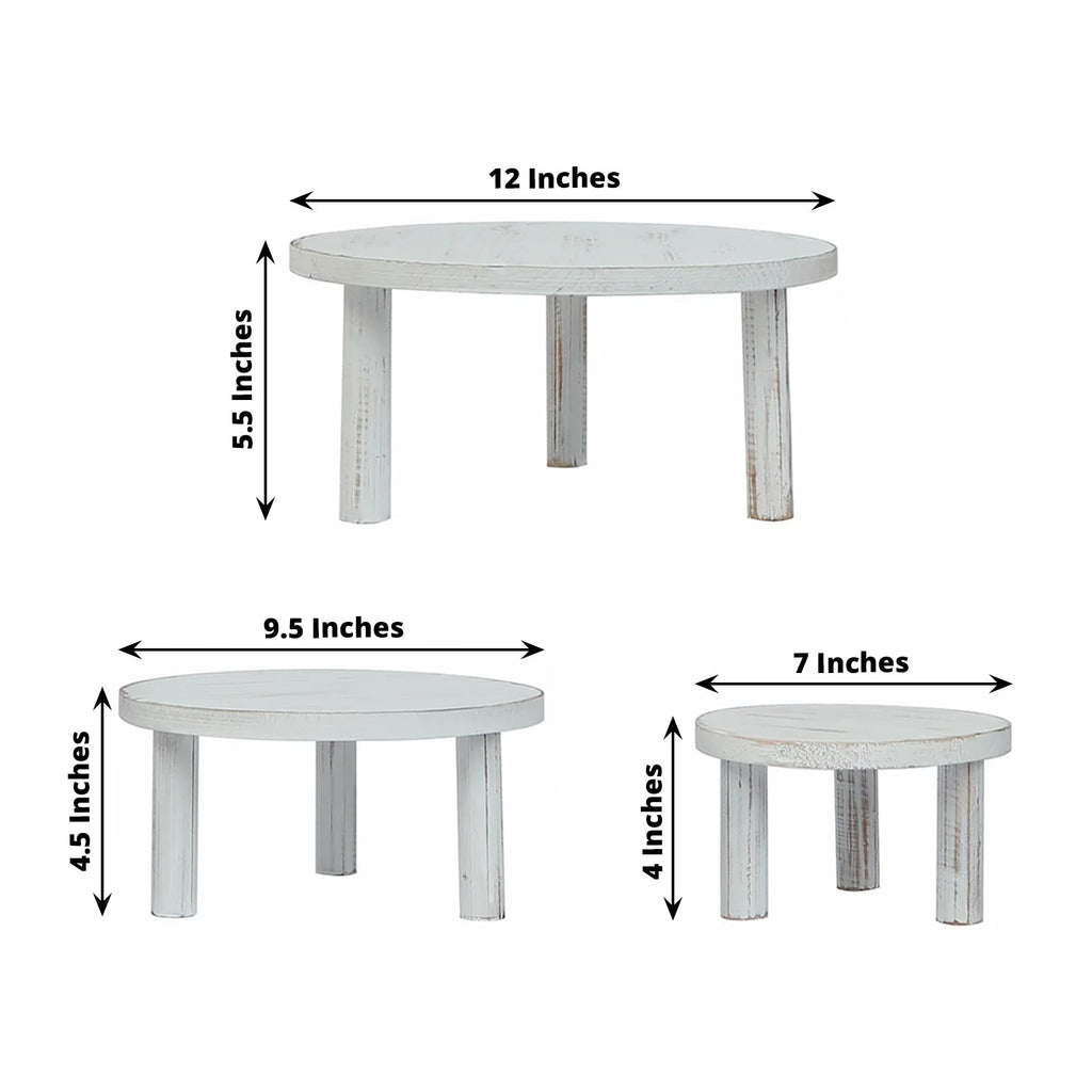 Set of 3 Wooden Pedestal Cake Stands Whitewash with Removable Legs - Stackable Round Rustic Plant Risers 7", 9.5", 12" - Bell Racket Store