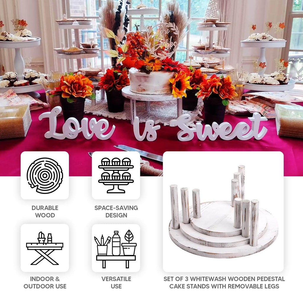 Set of 3 Wooden Pedestal Cake Stands Whitewash with Removable Legs - Stackable Round Rustic Plant Risers 7", 9.5", 12" - Bell Racket Store