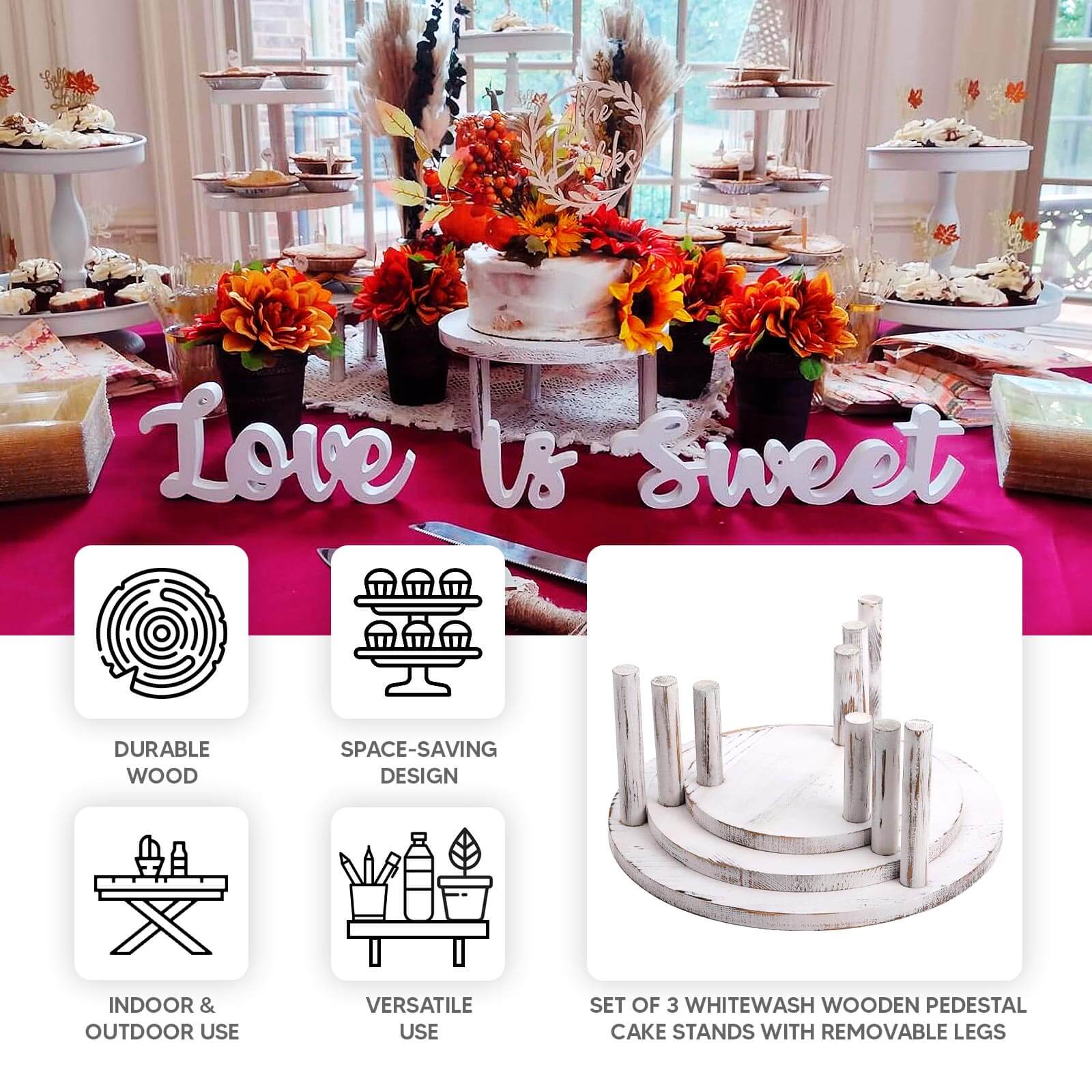 Set of 3 Wooden Pedestal Cake Stands Whitewash with Removable Legs - Stackable Round Rustic Plant Risers 7", 9.5", 12" - Bell Racket Store