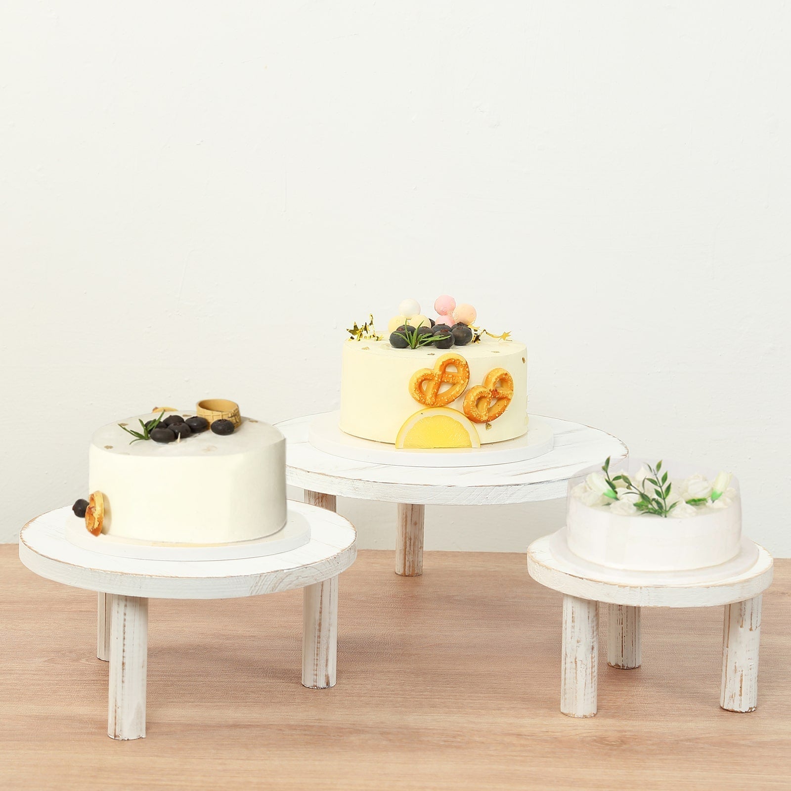 Set of 3 Wooden Pedestal Cake Stands Whitewash with Removable Legs - Stackable Round Rustic Plant Risers 7", 9.5", 12" - Bell Racket Store