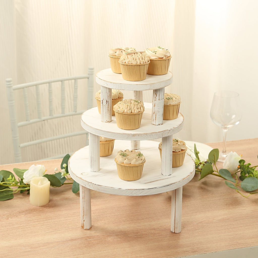 Set of 3 Wooden Pedestal Cake Stands Whitewash with Removable Legs - Stackable Round Rustic Plant Risers 7", 9.5", 12" - Bell Racket Store