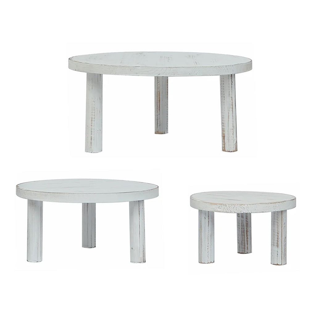 Set of 3 Wooden Pedestal Cake Stands Whitewash with Removable Legs - Stackable Round Rustic Plant Risers 7", 9.5", 12" - Bell Racket Store