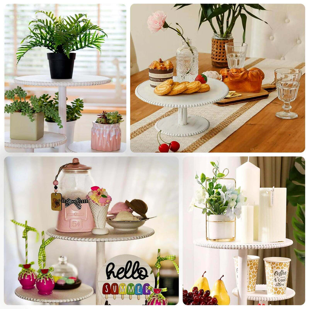 Set of 3 Wooden Pedestal Cake Stands Whitewash with Round Beaded Rim Trays - Stackable Rustic Cupcake Display 8", 10", 12" - Bell Racket Store