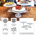 Set of 3 Wooden Pedestal Cake Stands Whitewash with Round Beaded Rim Trays - Stackable Rustic Cupcake Display 8", 10", 12" - Bell Racket Store