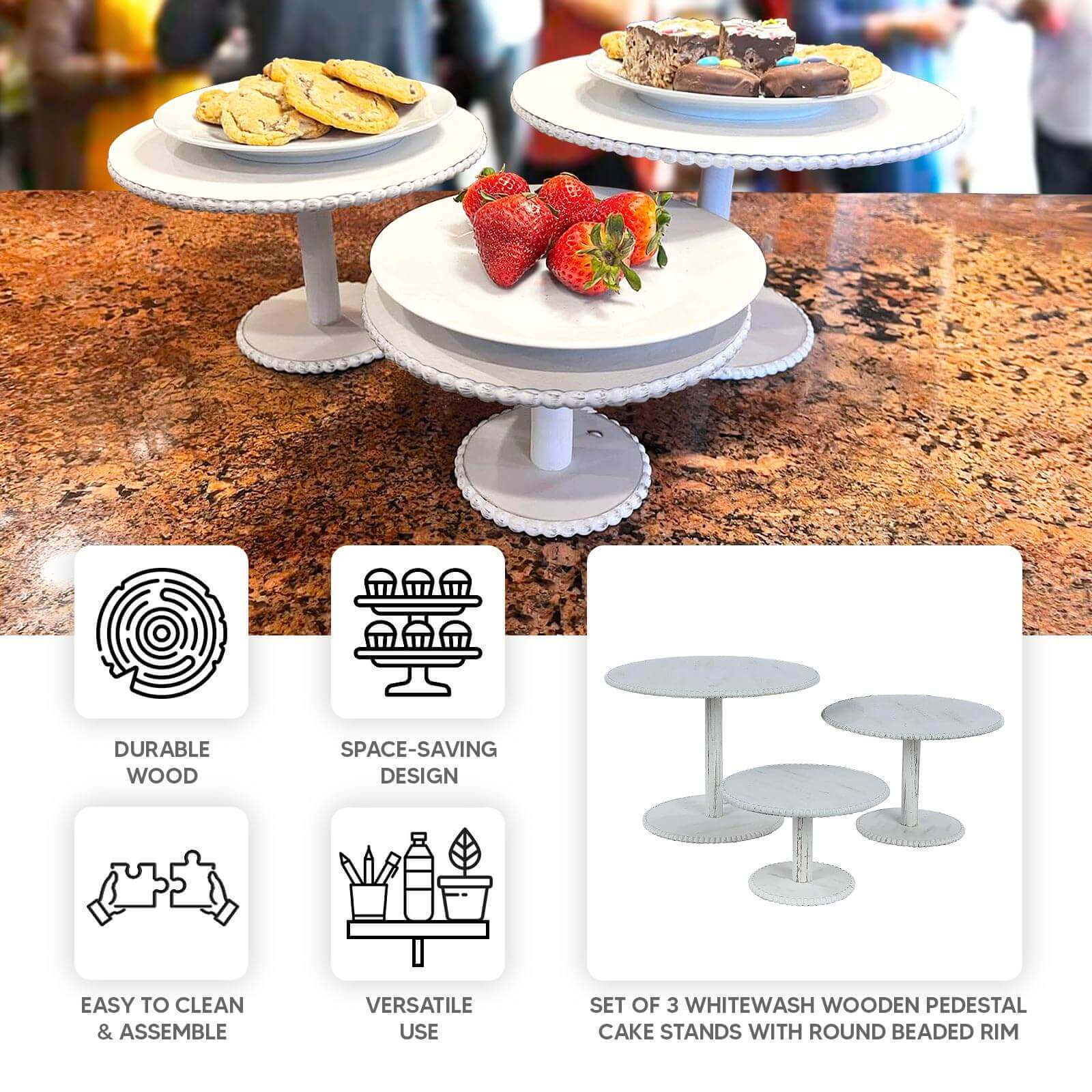 Set of 3 Wooden Pedestal Cake Stands Whitewash with Round Beaded Rim Trays - Stackable Rustic Cupcake Display 8", 10", 12" - Bell Racket Store