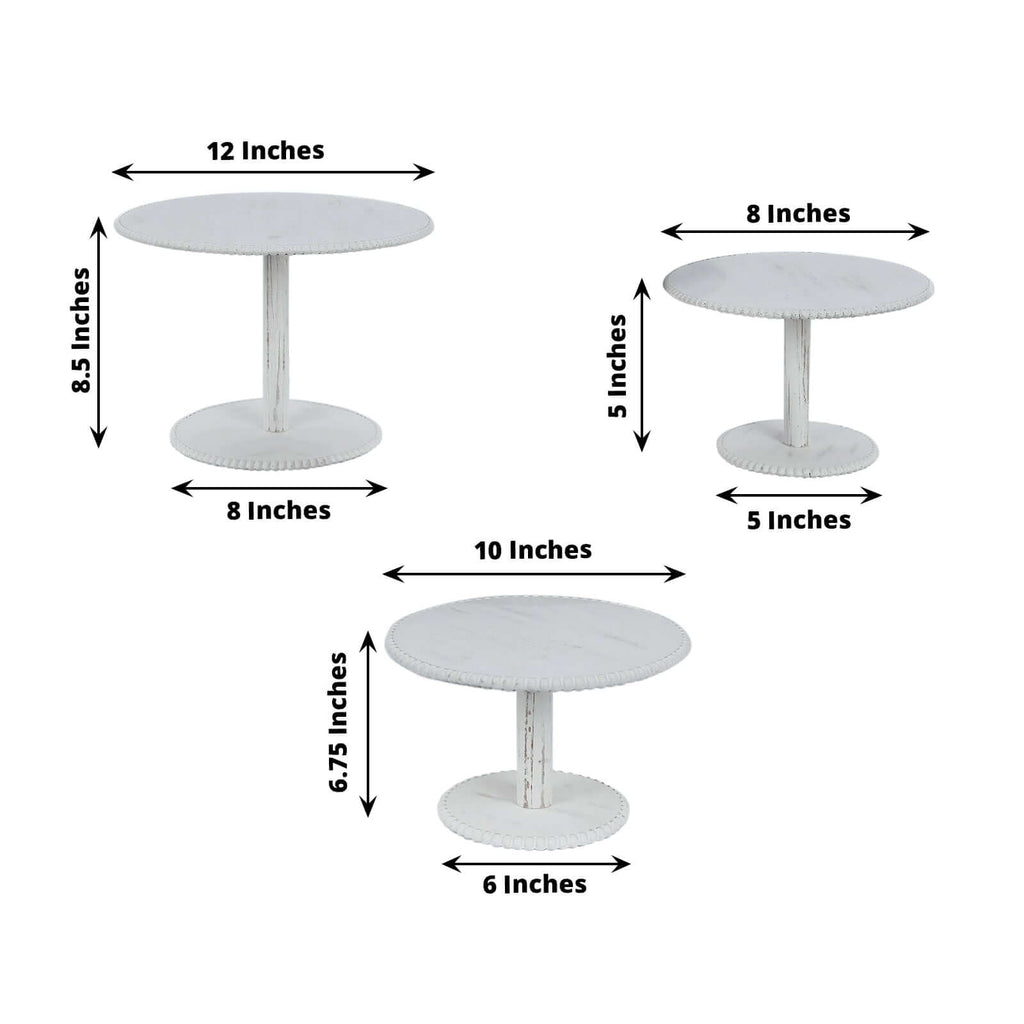Set of 3 Wooden Pedestal Cake Stands Whitewash with Round Beaded Rim Trays - Stackable Rustic Cupcake Display 8", 10", 12" - Bell Racket Store