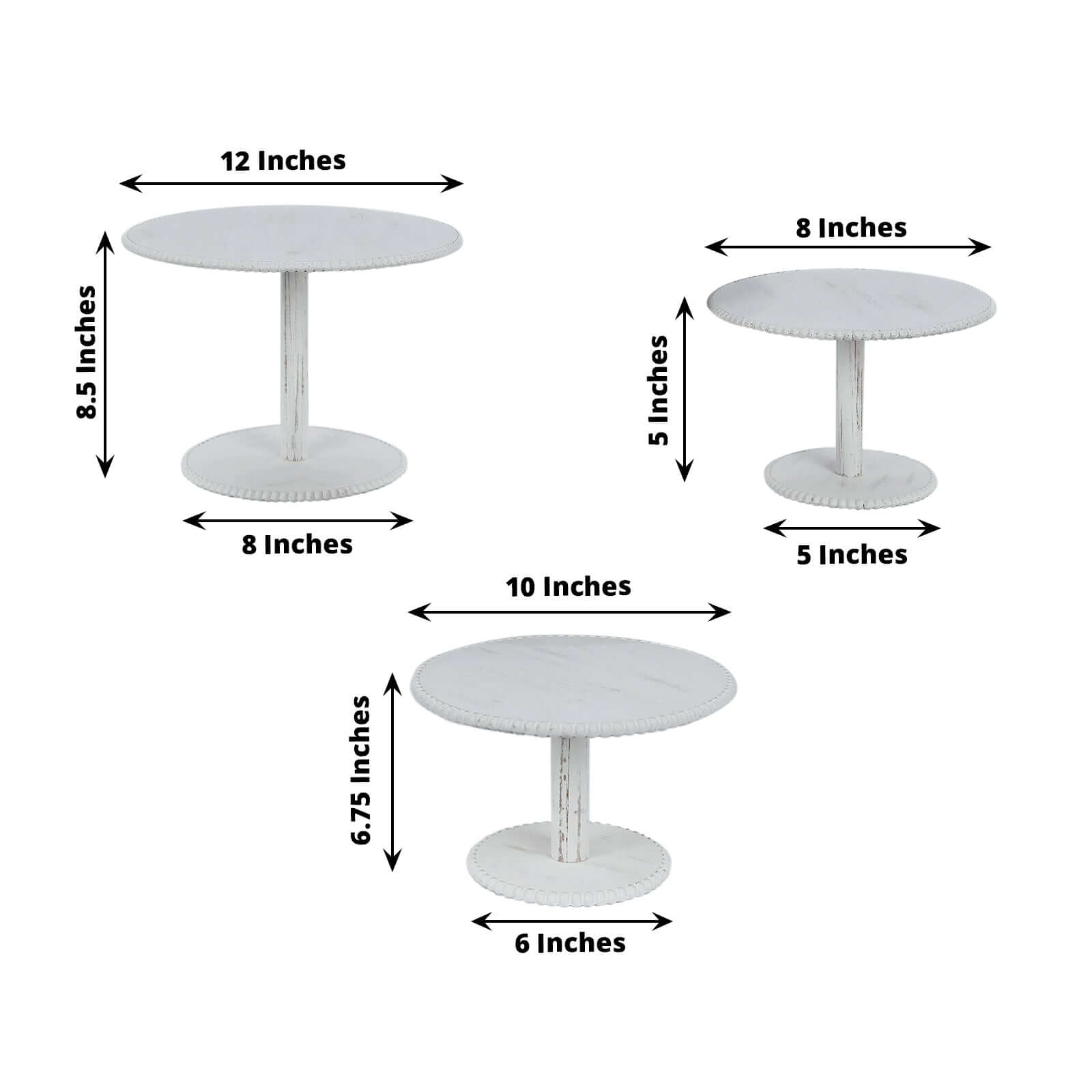 Set of 3 Wooden Pedestal Cake Stands Whitewash with Round Beaded Rim Trays - Stackable Rustic Cupcake Display 8", 10", 12" - Bell Racket Store