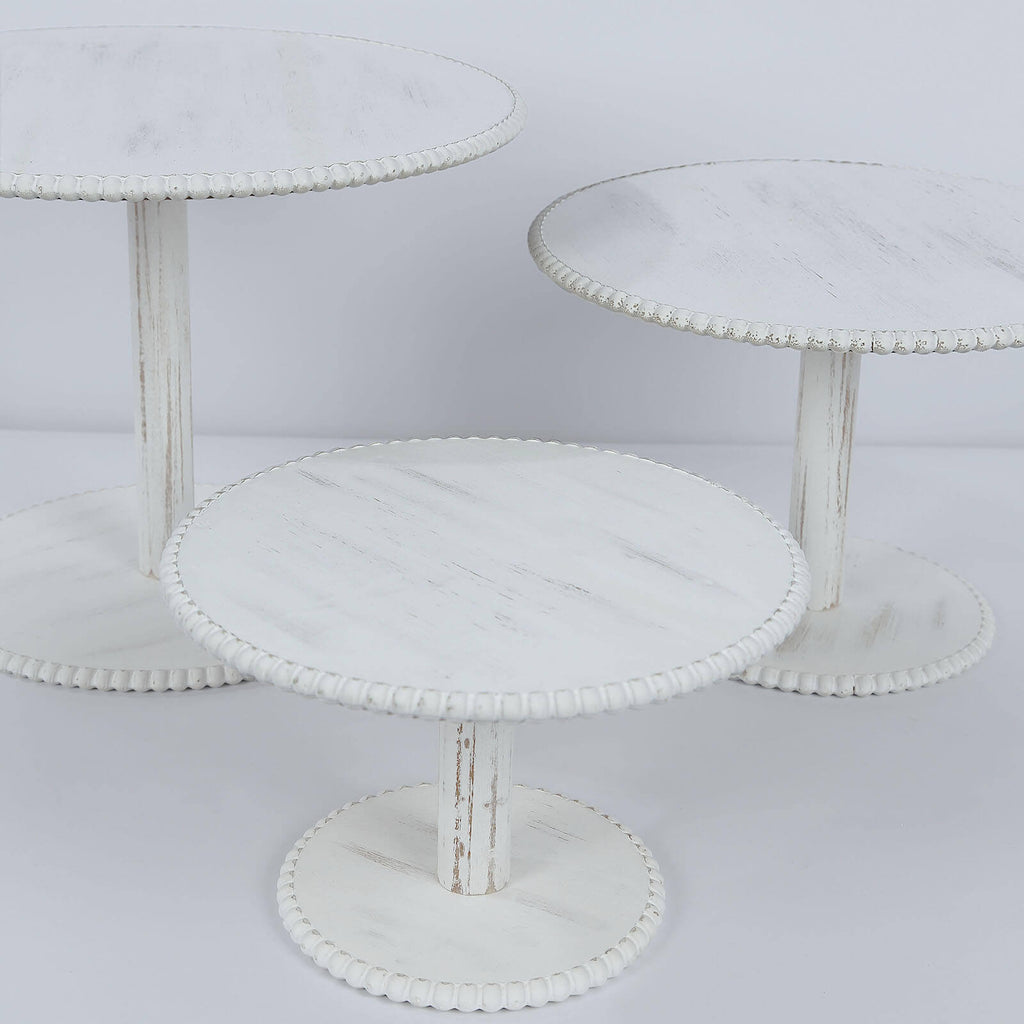 Set of 3 Wooden Pedestal Cake Stands Whitewash with Round Beaded Rim Trays - Stackable Rustic Cupcake Display 8", 10", 12" - Bell Racket Store