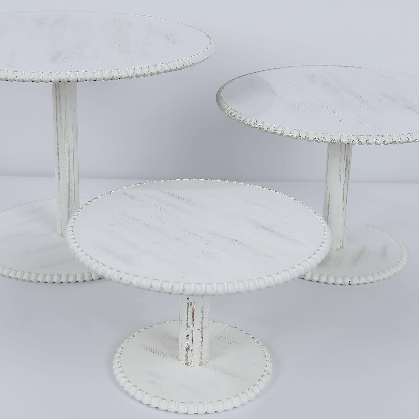 Set of 3 Wooden Pedestal Cake Stands Whitewash with Round Beaded Rim Trays - Stackable Rustic Cupcake Display 8", 10", 12" - Bell Racket Store