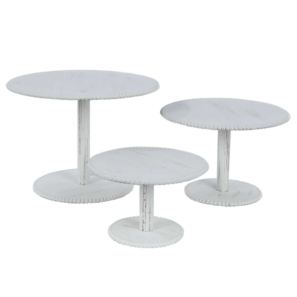 Set of 3 Wooden Pedestal Cake Stands Whitewash with Round Beaded Rim Trays - Stackable Rustic Cupcake Display 8", 10", 12" - Bell Racket Store