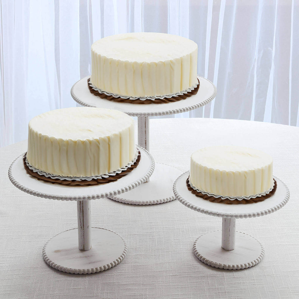 Set of 3 Wooden Pedestal Cake Stands Whitewash with Round Beaded Rim Trays - Stackable Rustic Cupcake Display 8", 10", 12" - Bell Racket Store