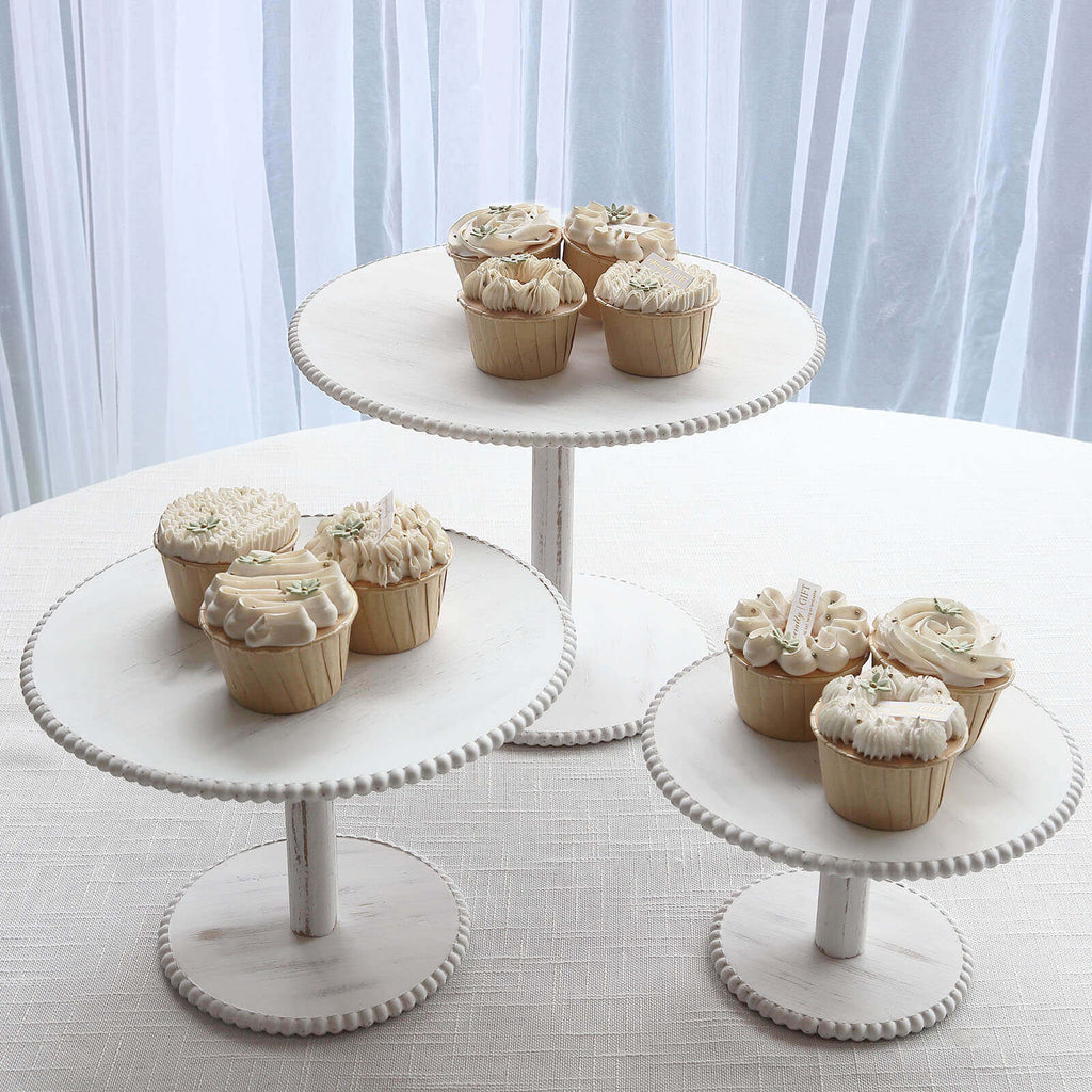 Set of 3 Wooden Pedestal Cake Stands Whitewash with Round Beaded Rim Trays - Stackable Rustic Cupcake Display 8", 10", 12" - Bell Racket Store