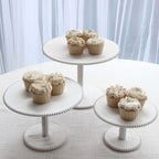 Set of 3 Wooden Pedestal Cake Stands Whitewash with Round Beaded Rim Trays - Stackable Rustic Cupcake Display 8", 10", 12" - Bell Racket Store