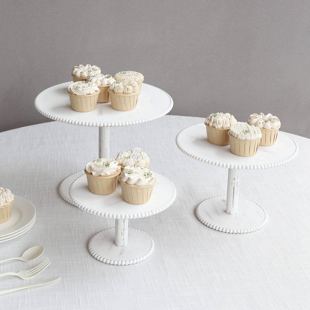 Set of 3 Wooden Pedestal Cake Stands Whitewash with Round Beaded Rim Trays - Stackable Rustic Cupcake Display 8", 10", 12" - Bell Racket Store
