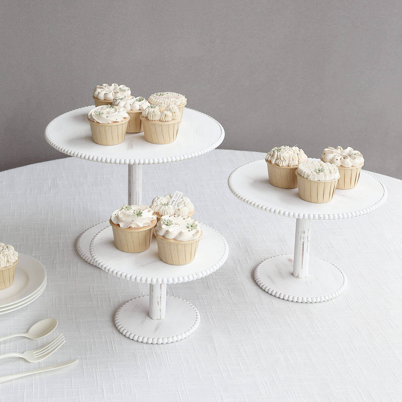 Set of 3 Wooden Pedestal Cake Stands Whitewash with Round Beaded Rim Trays - Stackable Rustic Cupcake Display 8", 10", 12" - Bell Racket Store