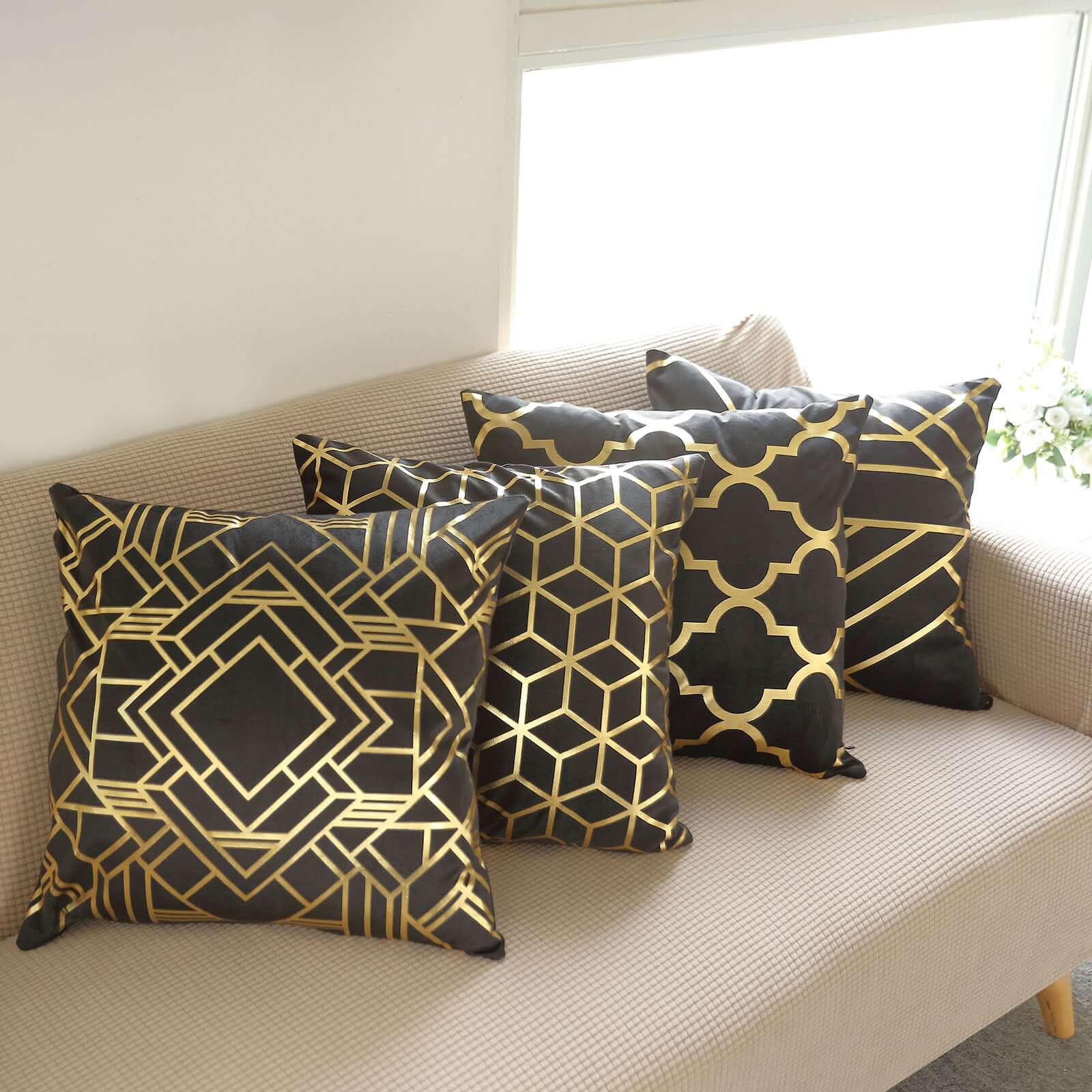 Set Of 4 18" Black Gold Foil Geometric Print Throw Pillow Covers, Velvet Square Sofa Cushion Covers - Bell Racket Store