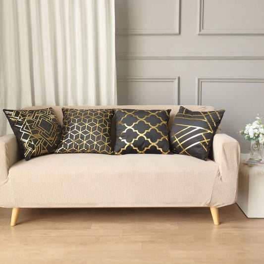 Set Of 4 18" Black Gold Foil Geometric Print Throw Pillow Covers, Velvet Square Sofa Cushion Covers - Bell Racket Store