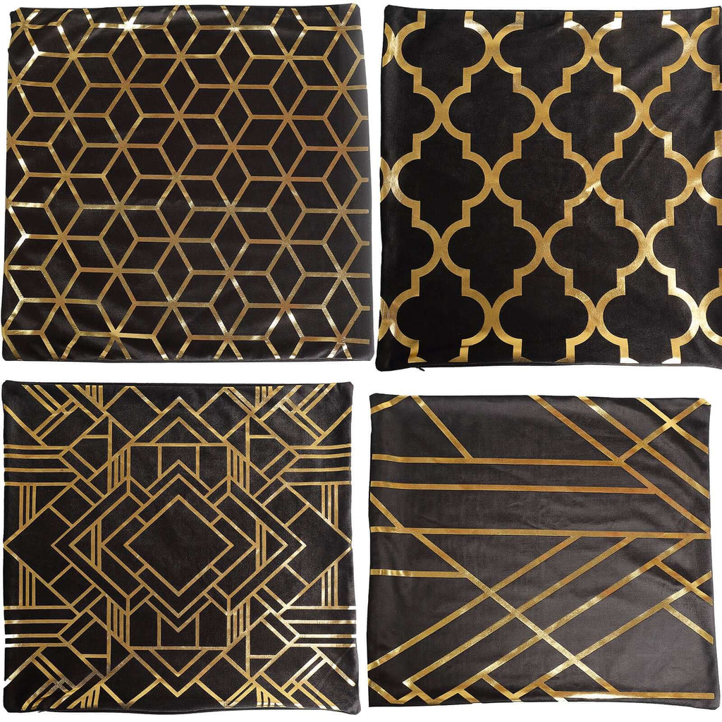 Set Of 4 18" Black Gold Foil Geometric Print Throw Pillow Covers, Velvet Square Sofa Cushion Covers - Bell Racket Store