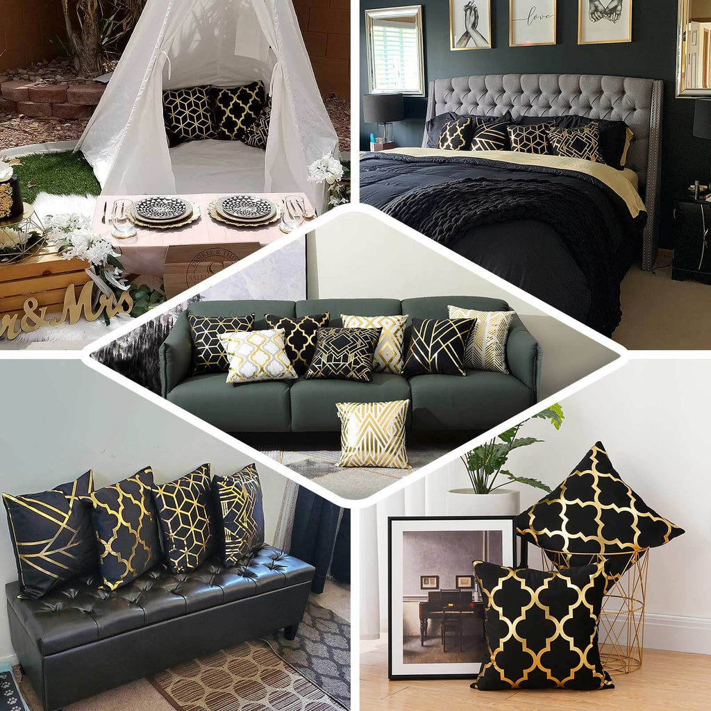 Set Of 4 18" Black Gold Foil Geometric Print Throw Pillow Covers, Velvet Square Sofa Cushion Covers - Bell Racket Store