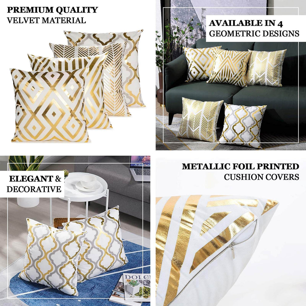 Set Of 4 18" White Gold Foil Geometric Print Throw Pillow Covers, Velvet Square Sofa Cushion Covers - Bell Racket Store