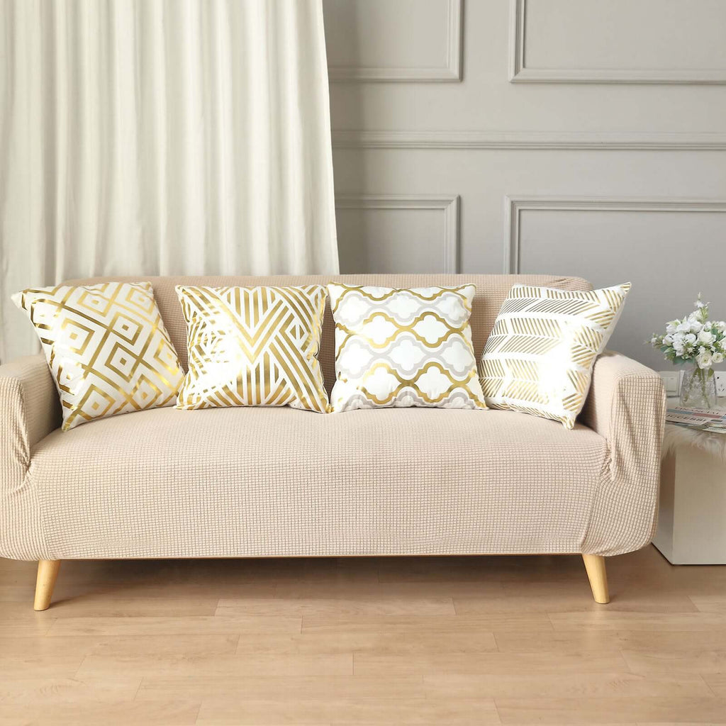 Set Of 4 18" White Gold Foil Geometric Print Throw Pillow Covers, Velvet Square Sofa Cushion Covers - Bell Racket Store