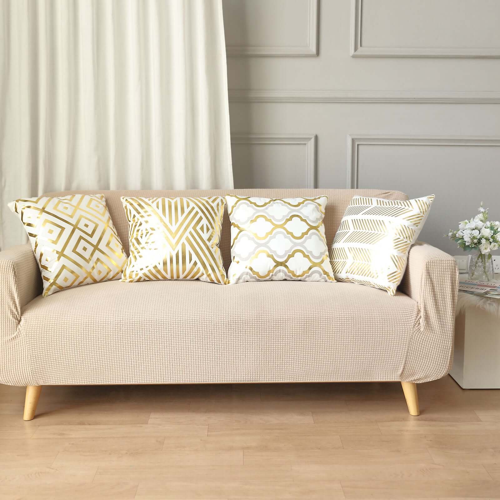 Set Of 4 18" White Gold Foil Geometric Print Throw Pillow Covers, Velvet Square Sofa Cushion Covers - Bell Racket Store