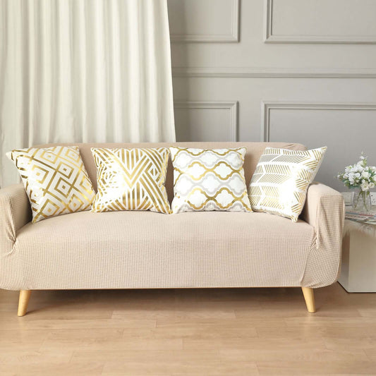 Set Of 4 18" White Gold Foil Geometric Print Throw Pillow Covers, Velvet Square Sofa Cushion Covers - Bell Racket Store