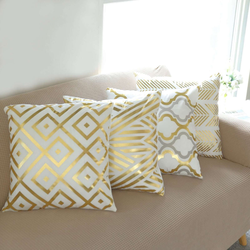 Set Of 4 18" White Gold Foil Geometric Print Throw Pillow Covers, Velvet Square Sofa Cushion Covers - Bell Racket Store