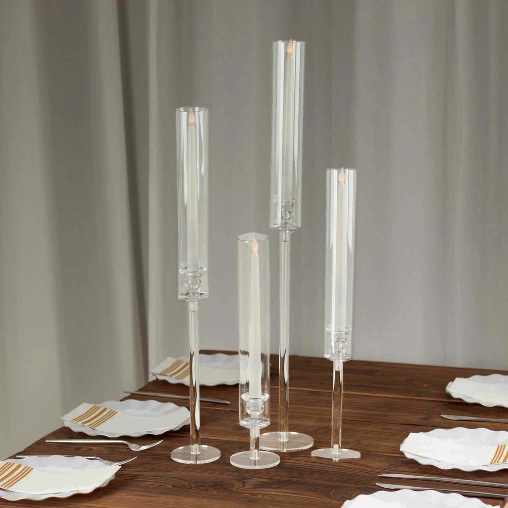 Set of 4 Acrylic Taper Candlestick Holders, Clear Tall Chimney Tube Candle Shades Hurricane Candle Stands 14", 18", 22", 26" - Bell Racket Store