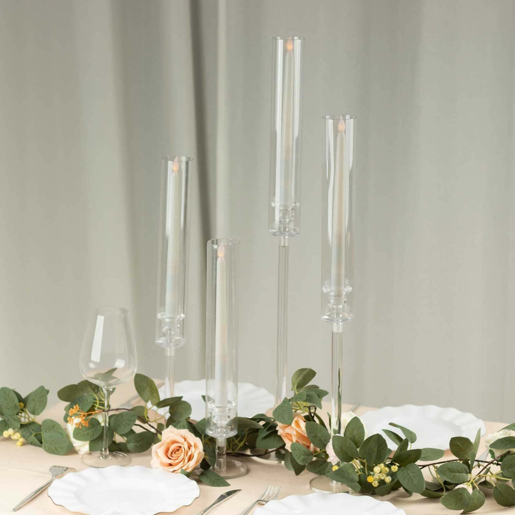 Set of 4 Acrylic Taper Candlestick Holders, Clear Tall Chimney Tube Candle Shades Hurricane Candle Stands 14", 18", 22", 26" - Bell Racket Store