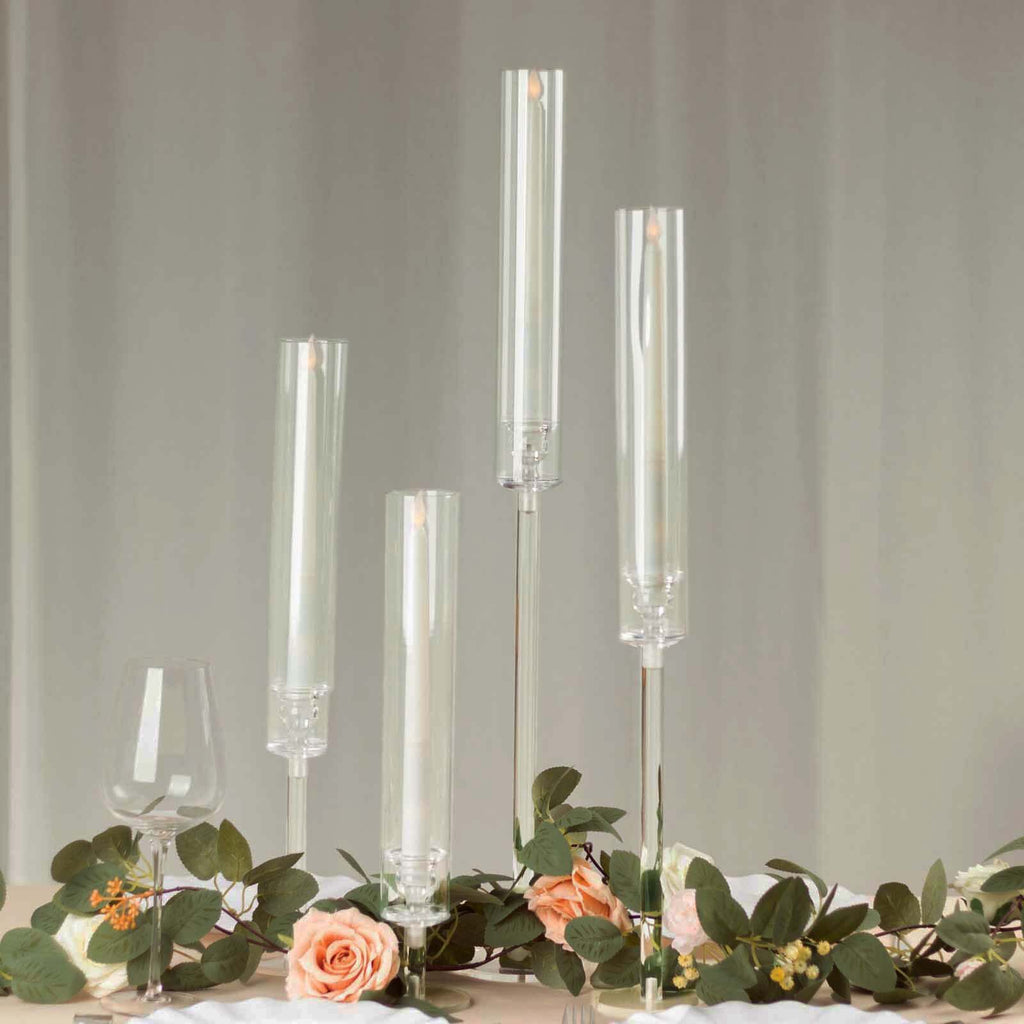 Set of 4 Acrylic Taper Candlestick Holders, Clear Tall Chimney Tube Candle Shades Hurricane Candle Stands 14", 18", 22", 26" - Bell Racket Store