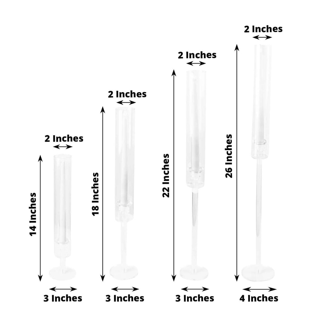 Set of 4 Acrylic Taper Candlestick Holders, Clear Tall Chimney Tube Candle Shades Hurricane Candle Stands 14", 18", 22", 26" - Bell Racket Store