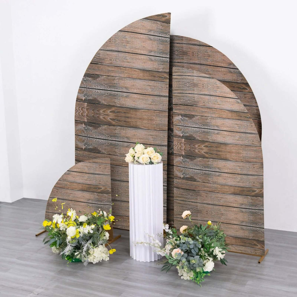 Set of 4 Brown Spandex Chiara Wedding Arch Covers With Rustic Wood Print, Fitted Covers For Half Moon Backdrop Stands - 2.5ft, 5ft, 6ft, 7ft - Bell Racket Store