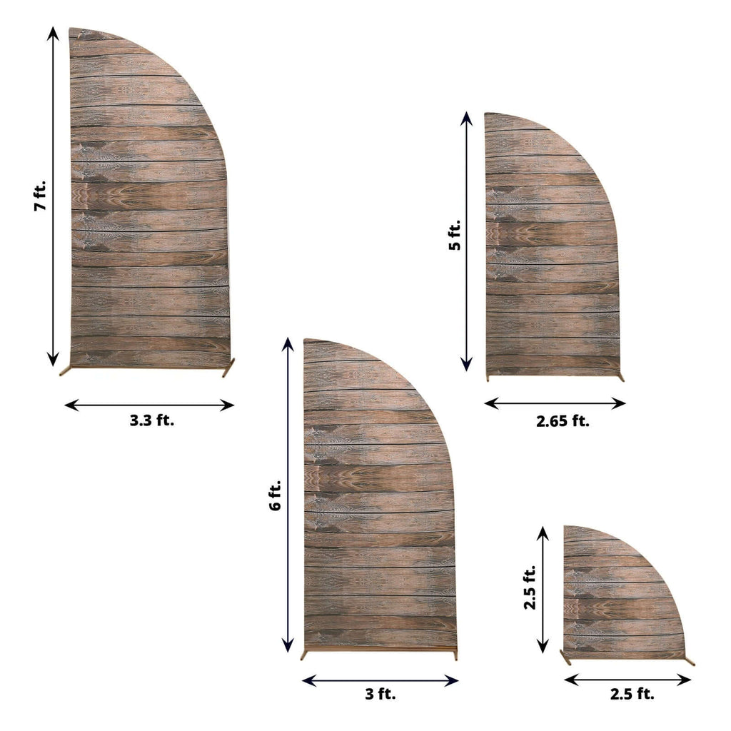 Set of 4 Brown Spandex Chiara Wedding Arch Covers With Rustic Wood Print, Fitted Covers For Half Moon Backdrop Stands - 2.5ft, 5ft, 6ft, 7ft - Bell Racket Store