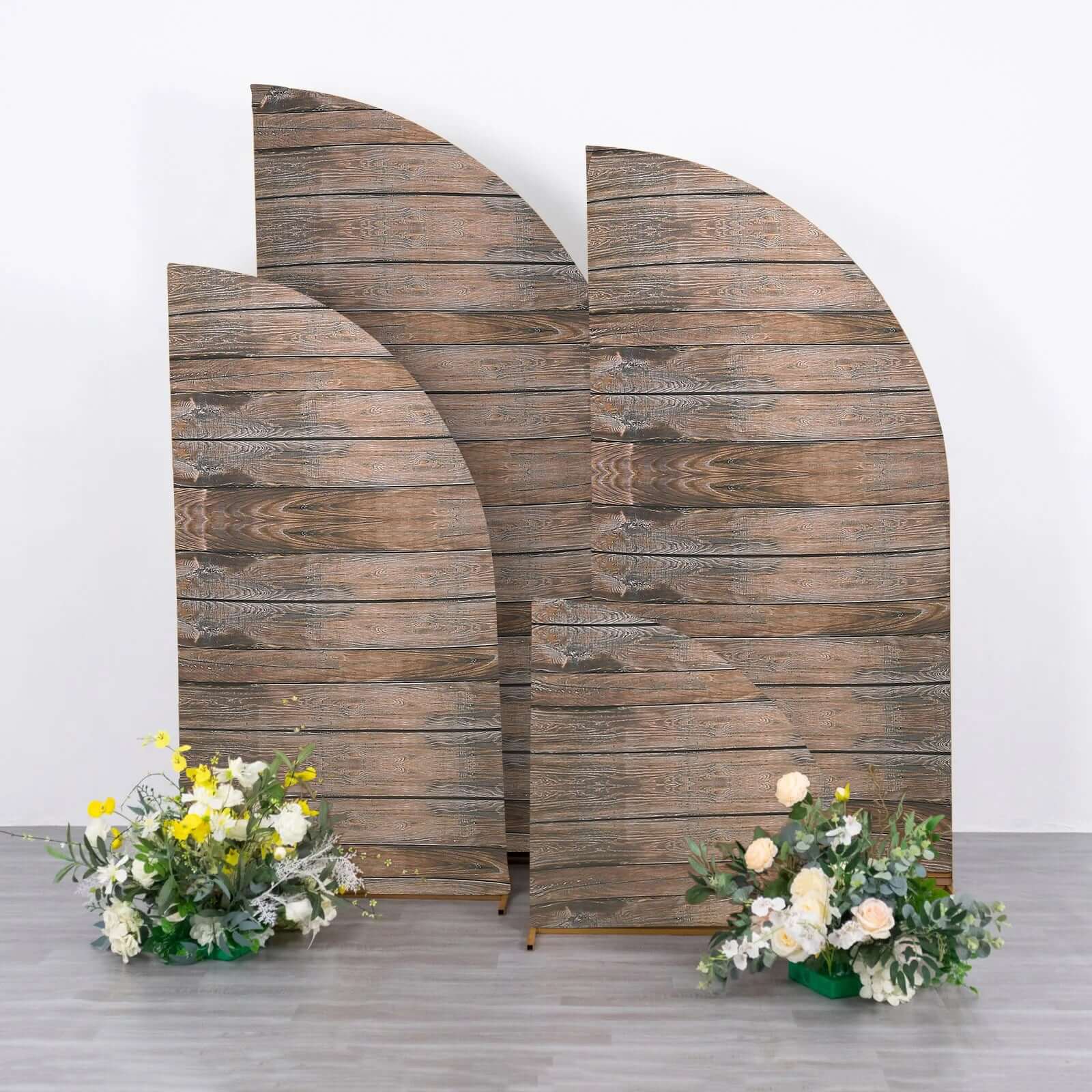 Set of 4 Brown Spandex Chiara Wedding Arch Covers With Rustic Wood Print, Fitted Covers For Half Moon Backdrop Stands - 2.5ft, 5ft, 6ft, 7ft - Bell Racket Store