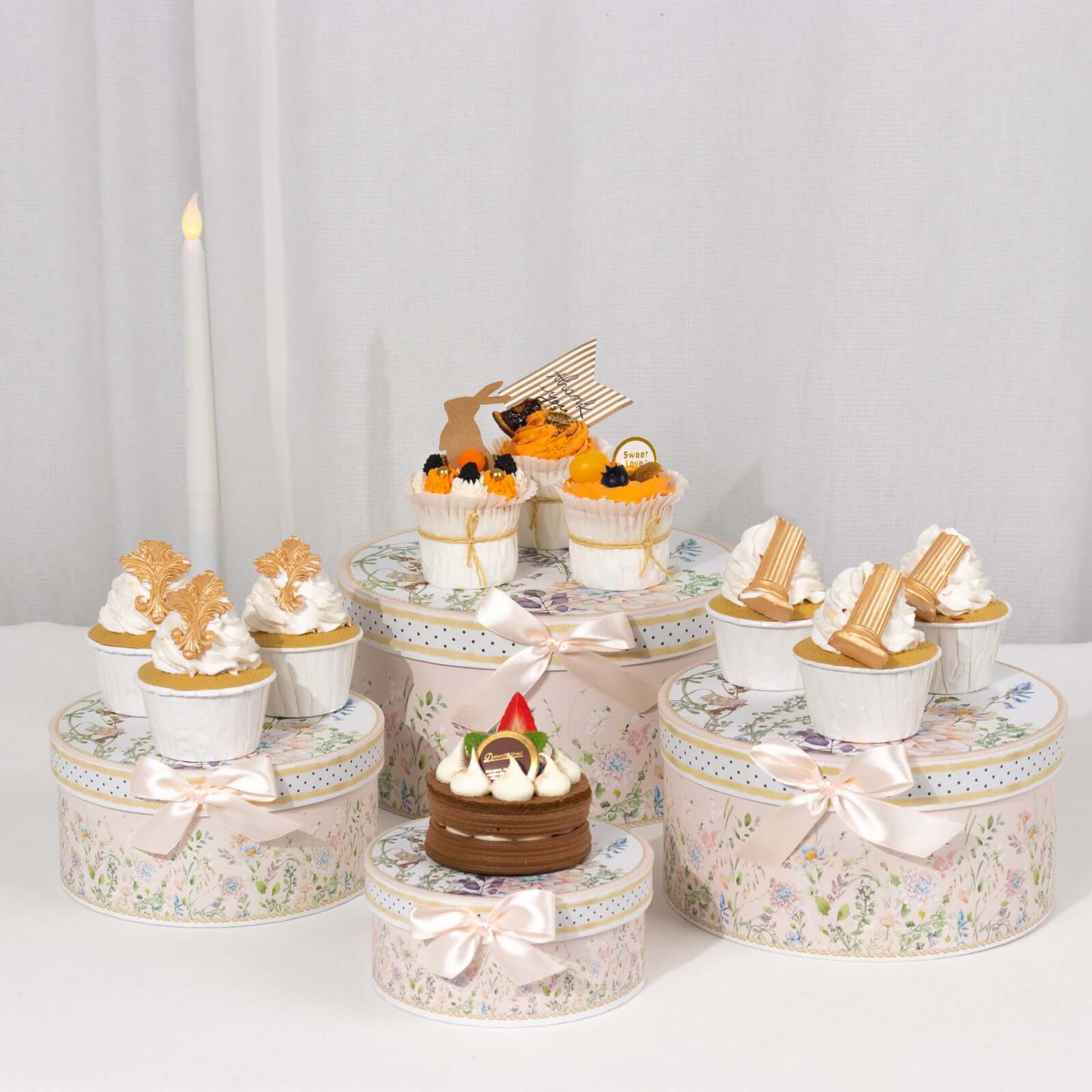 Set of 4 Cardstock Round Nesting Gift Boxes Blush Floral Design - Decorative Heavy Duty Stackable Keepsake Boxes With Lids for Presents Storage & Pedestal Stand 5",7",8",9" - Bell Racket Store