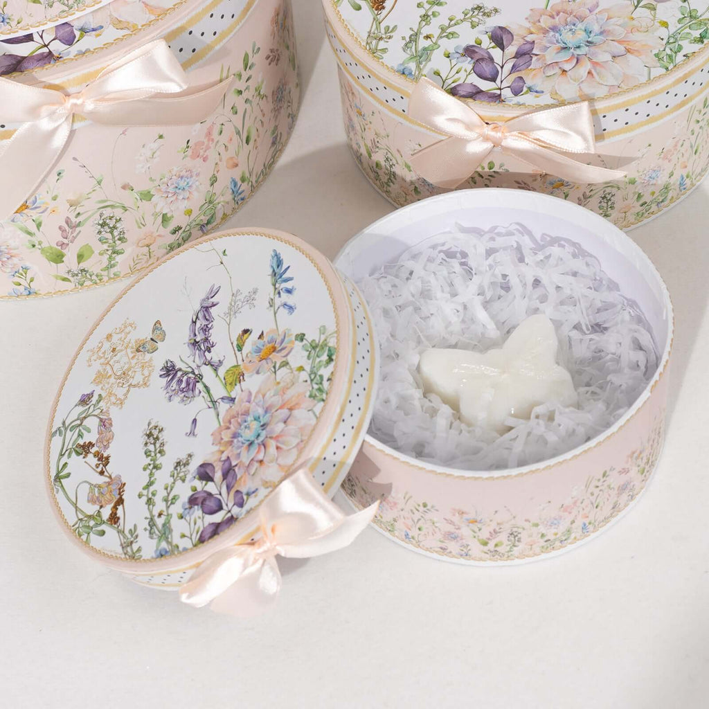 Set of 4 Cardstock Round Nesting Gift Boxes Blush Floral Design - Decorative Heavy Duty Stackable Keepsake Boxes With Lids for Presents Storage & Pedestal Stand 5",7",8",9" - Bell Racket Store
