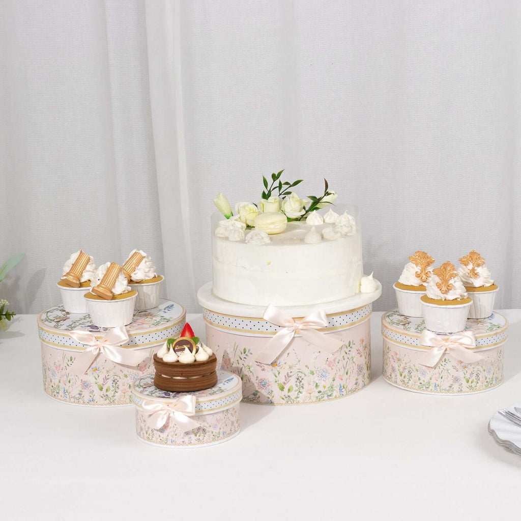 Set of 4 Cardstock Round Nesting Gift Boxes Blush Floral Design - Decorative Heavy Duty Stackable Keepsake Boxes With Lids for Presents Storage & Pedestal Stand 5",7",8",9" - Bell Racket Store